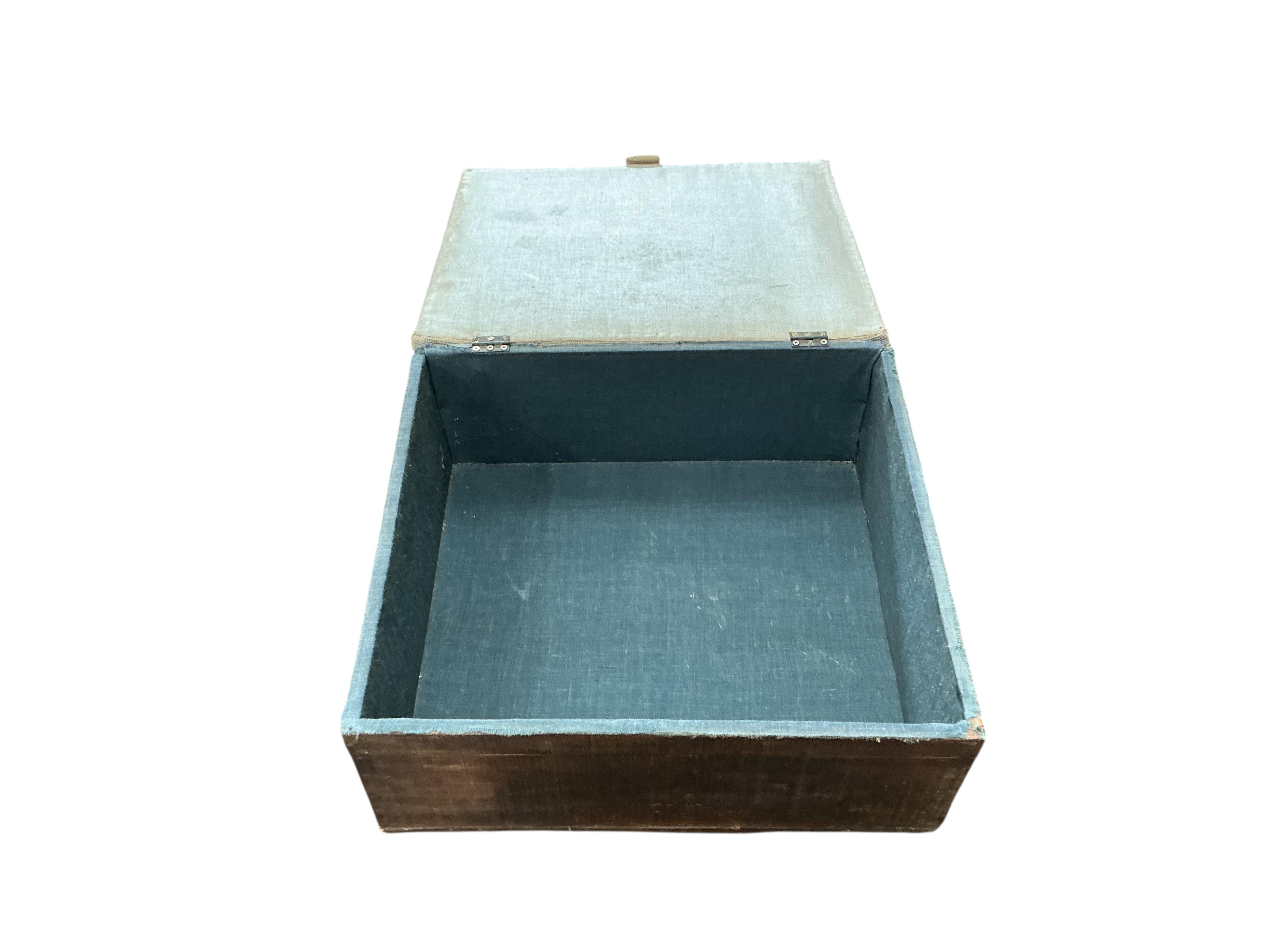 A Latour wine case footstool with a tapestry top, width 50cm, depth 44cm, height 20cm